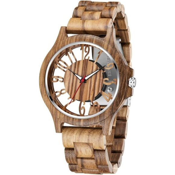 Lightweight Wooden Watch Men Analogue Silver Brown Natural Wood Timepiece Gift